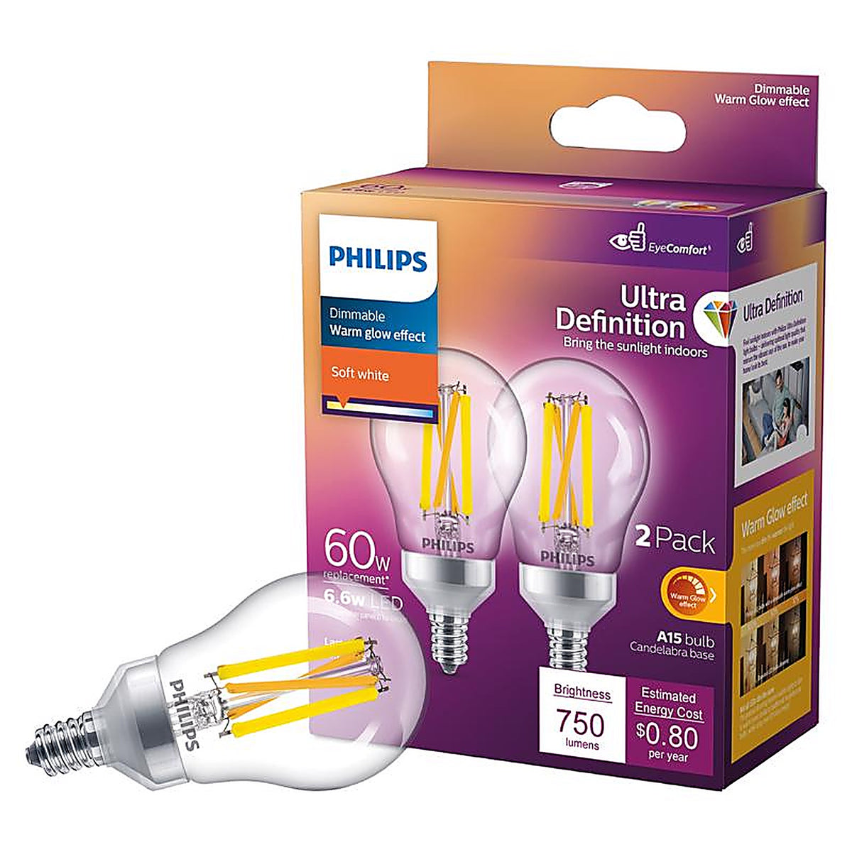 Philips - 573394 - Ultra Definition A15 E12 (Candelabra) LED Bulb Soft White 60 Watt Equivalence 2 Pack