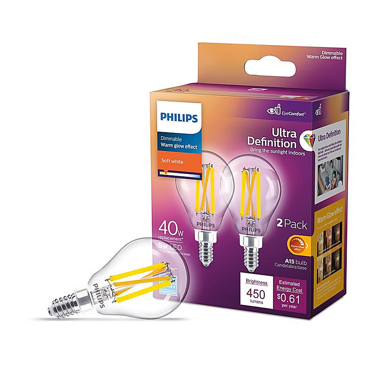 Philips - 564450 - Ultra Definition A15 E12 (Candelabra) LED Bulb Soft White 40 Watt Equivalence 2 Pack