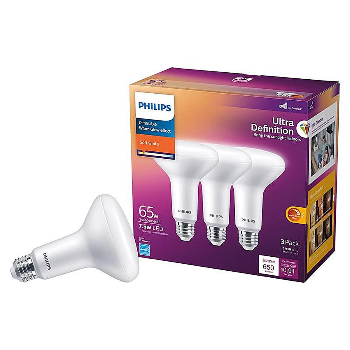 Philips - 576769 - Br30 E26 (Medium) LED Floodlight Bulb Soft White 65 Watt Equivalence 3 Pack