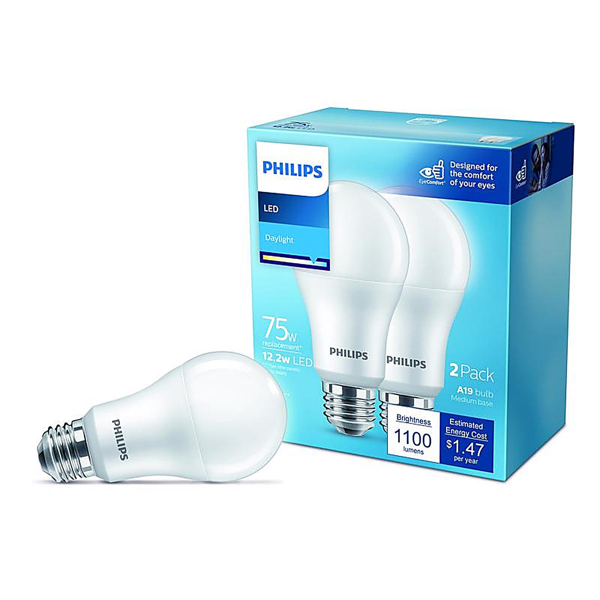 Philips - 575852 - A19 E26 (Medium) LED Bulb Daylight 75 Watt Equivalence 2 Pack