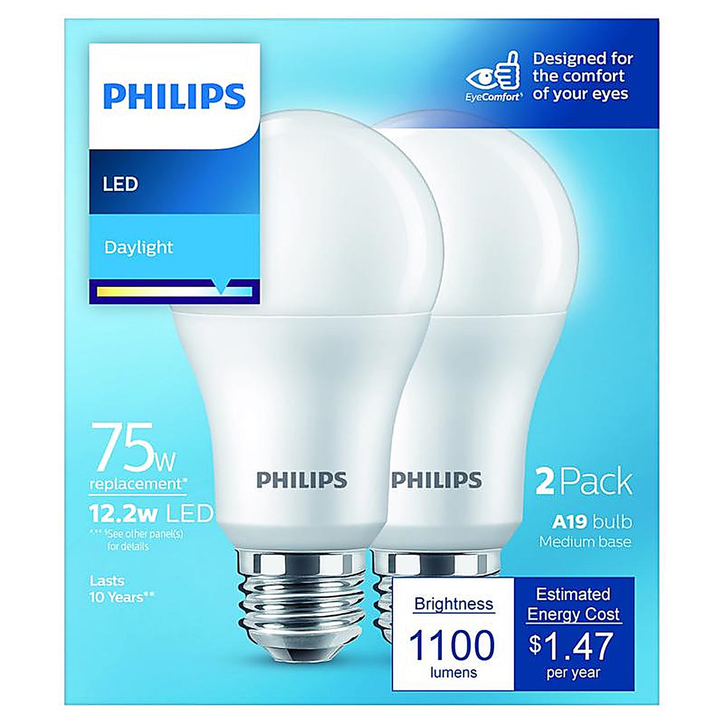 Philips - 575852 - A19 E26 (Medium) LED Bulb Daylight 75 Watt Equivalence 2 Pack