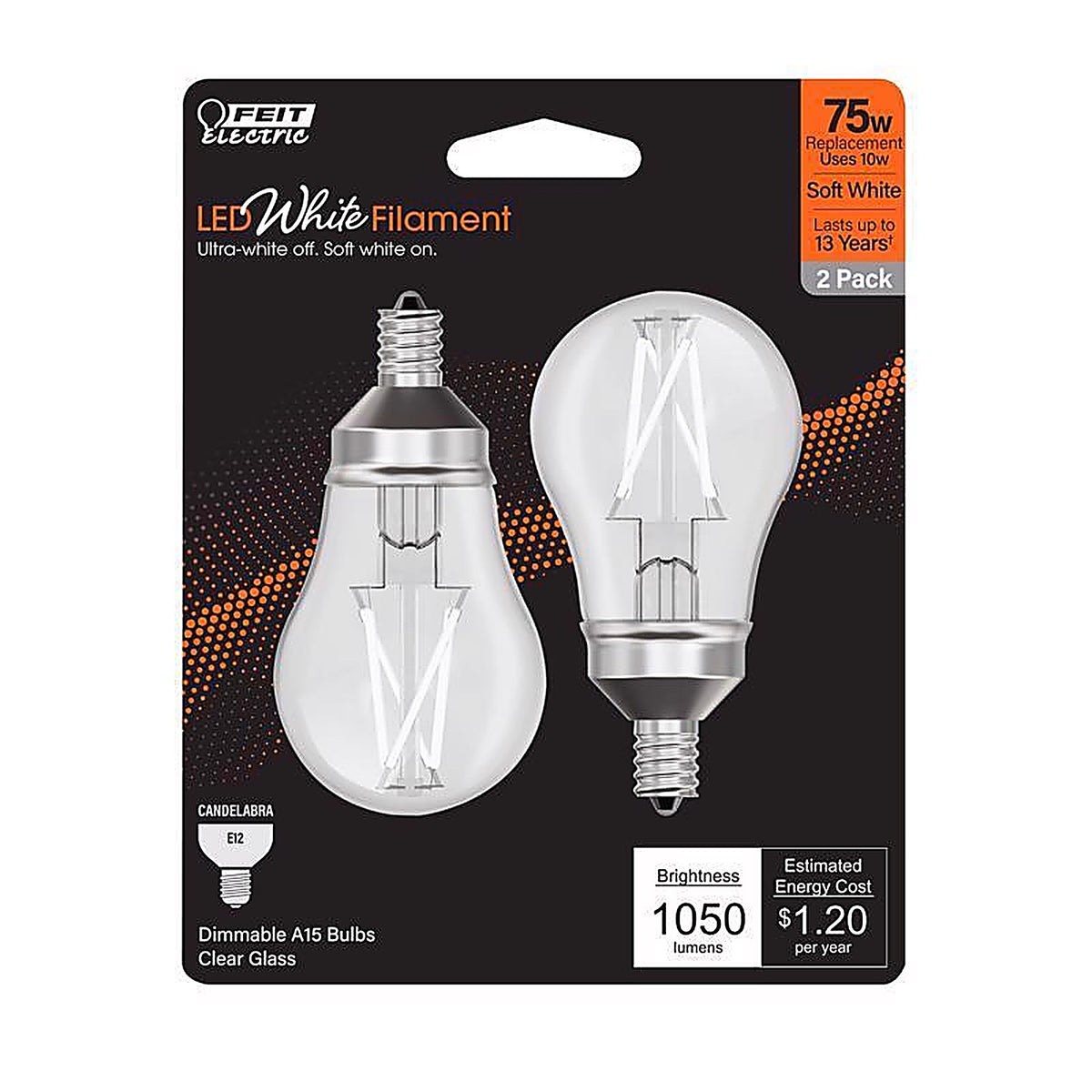 Feit - BPA1575C927WFL2 - White A15 E12 (Candelabra) Filament LED Bulb Soft White 75 Watt Equivalence 2 Pack