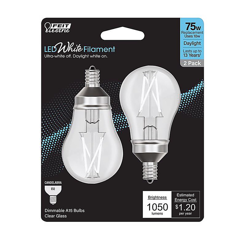 Feit - BPA1575C950WFL2 - White A15 E12 (Candelabra) Filament LED Bulb Daylight 75 Watt Equivalence 2 Pack