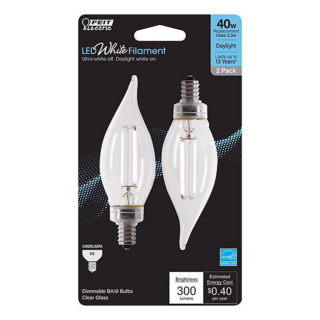 Feit - BPCFC40950WFIL2 - White Ba10 E12 (Candelabra) Filament LED Bulb Daylight 40 Watt Equivalence 2 Pack