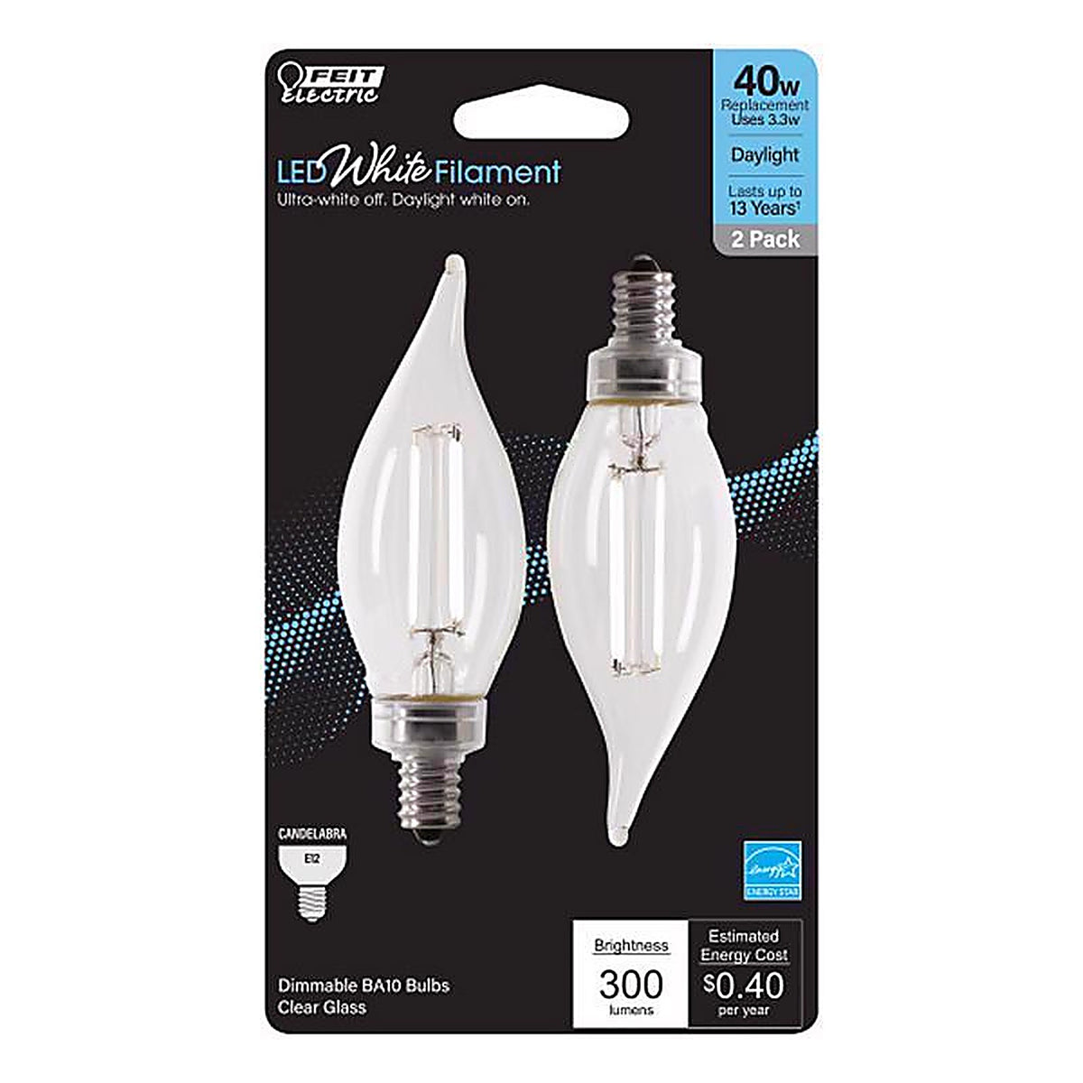 Feit - BPCFC40950WFIL2 - White Ba10 E12 (Candelabra) Filament LED Bulb Daylight 40 Watt Equivalence 2 Pack