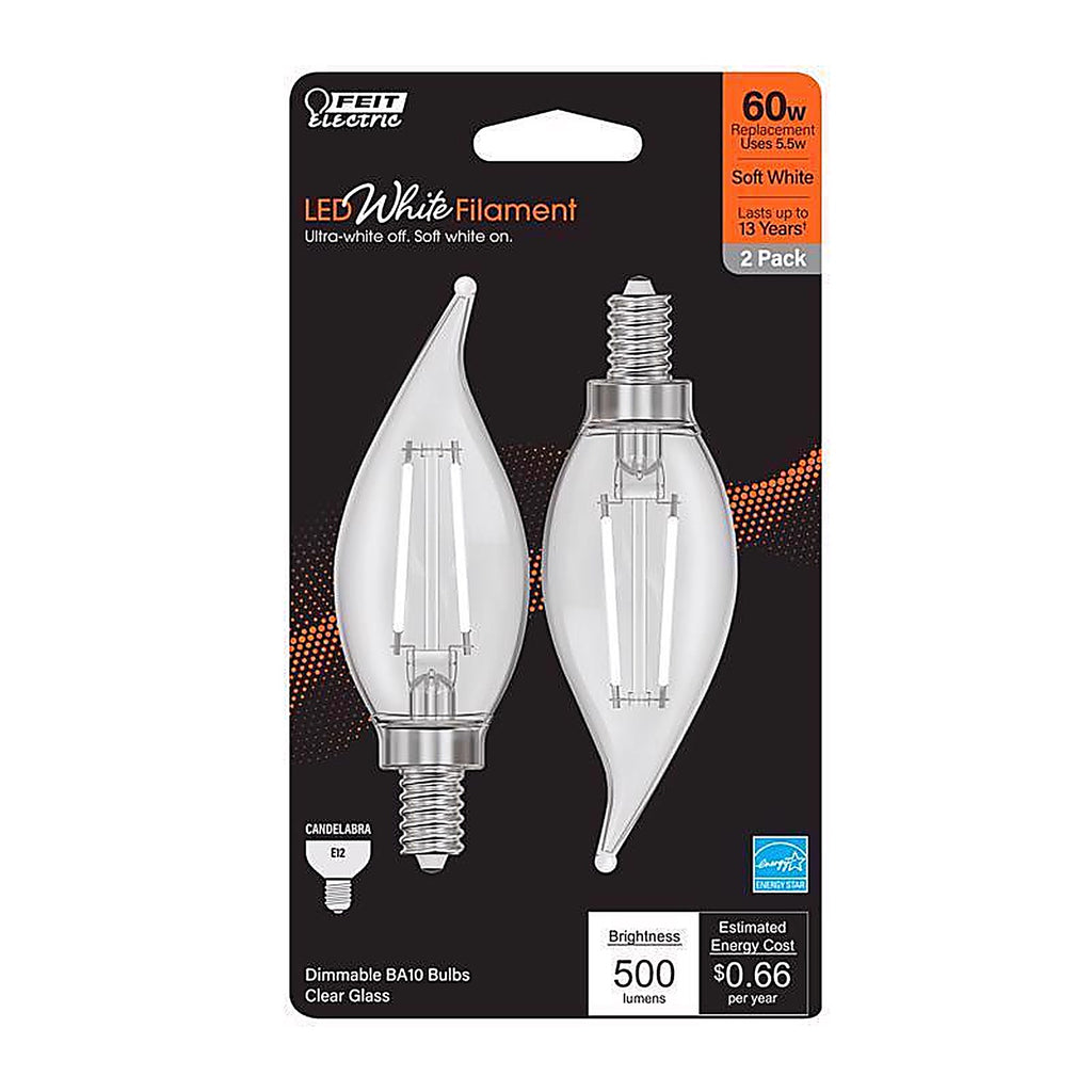 Feit - BPCFC60927WFIL2 - White Ba10 E12 (Candelabra) Filament LED Bulb Soft White 60 Watt Equivalence 2 Pack