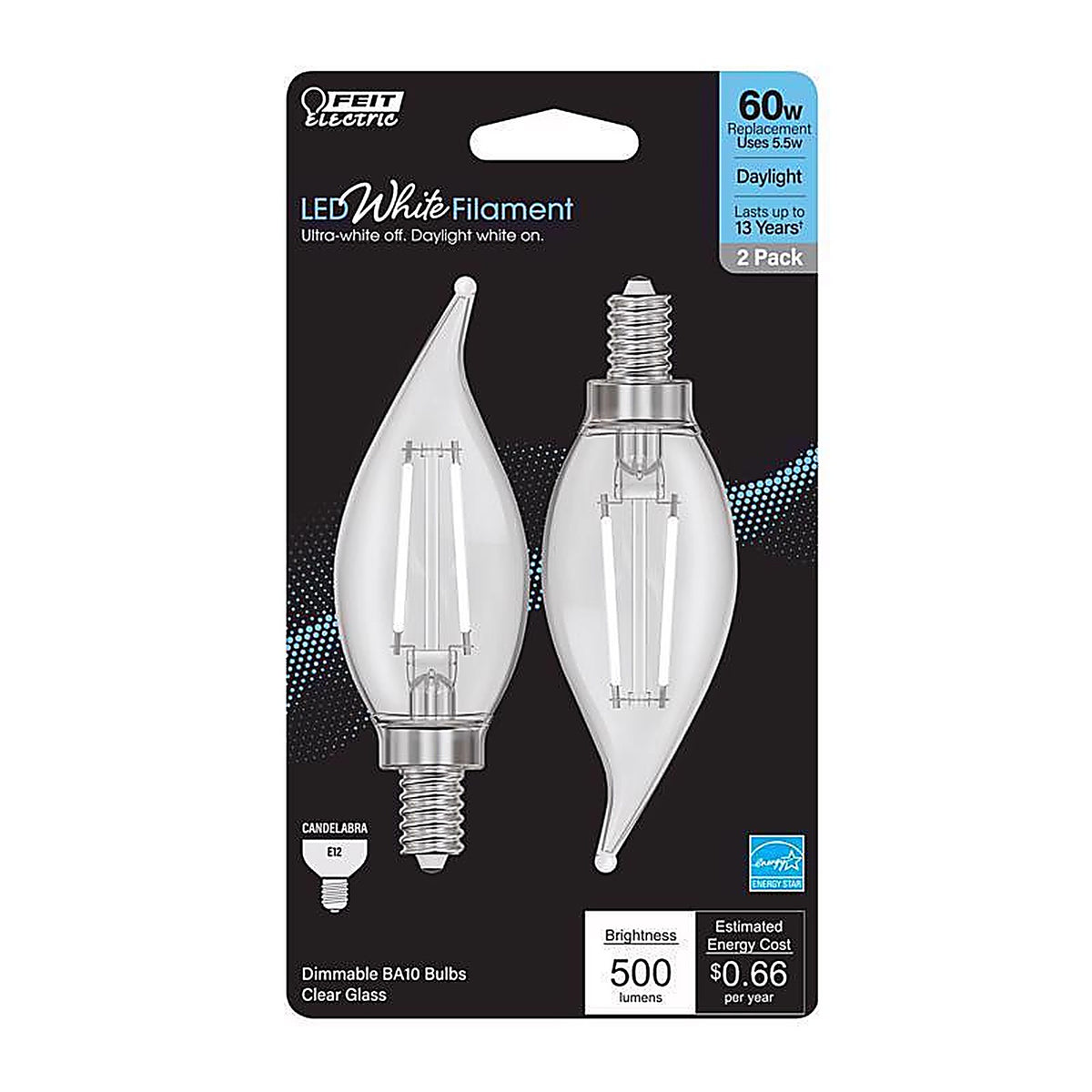 Feit - BPCFC60950WFIL2 - White Ba10 E12 (Candelabra) LED Flame Bulb Daylight 60 Watt Equivalence 2 Pack