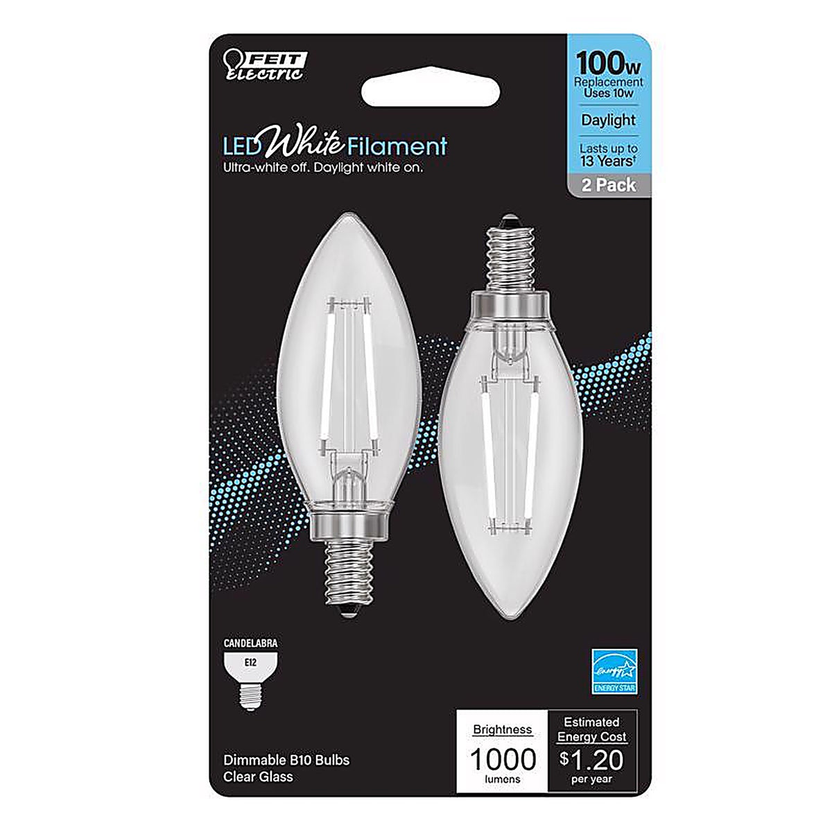 Feit - BPCTC100950WFL2 - White B10 E12 (Candelabra) Filament LED Bulb Daylight 100 Watt Equivalence 2 Pack