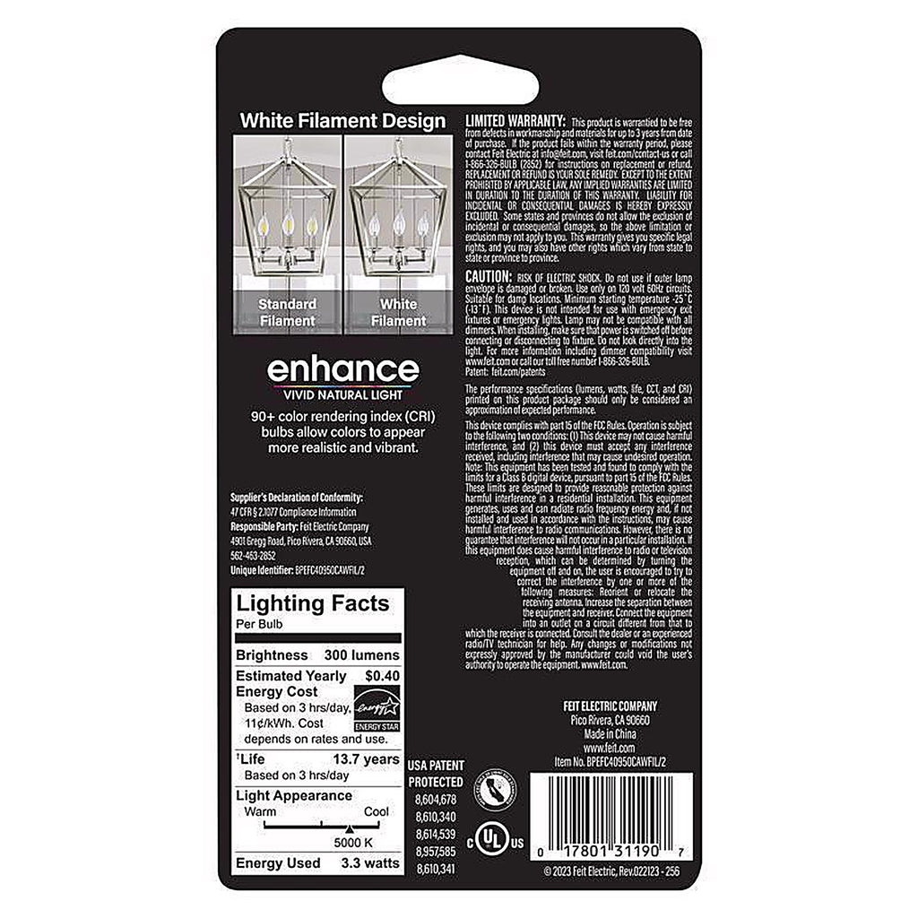 Feit - BPEFC40950WFIL2 - White Ba10 E26 (Medium) Filament LED Bulb Daylight 40 Watt Equivalence 2 Pack