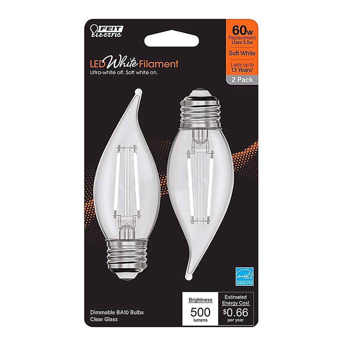 Feit - BPEFC60927WFIL2 - White Ba10 E26 (Medium) Filament LED Bulb Soft White 60 Watt Equivalence 2 Pack