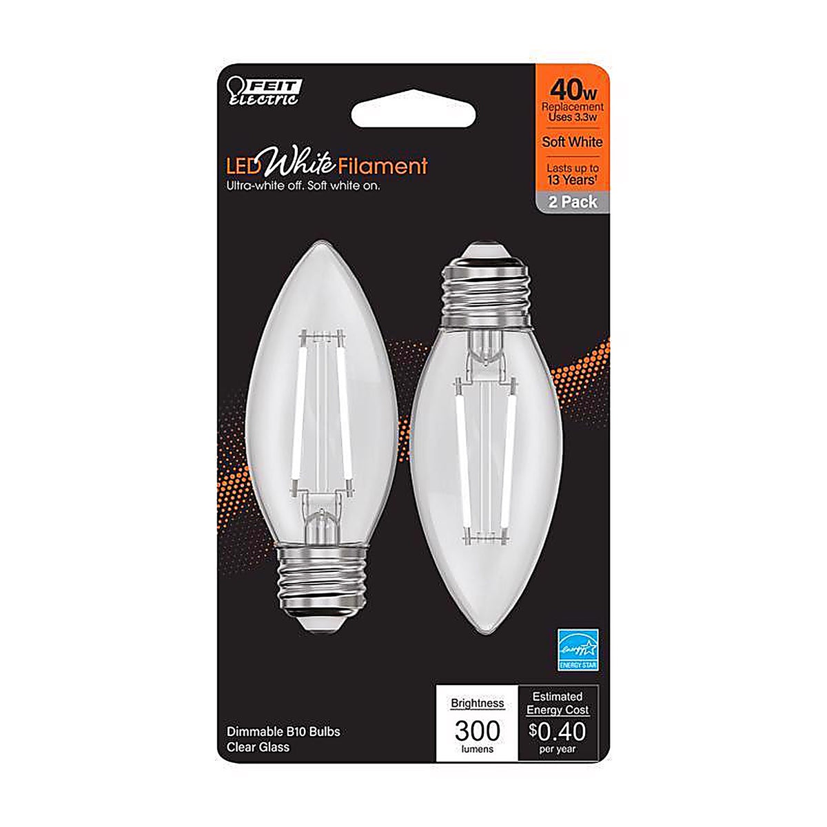 Feit - BPETC40927WFIL2 - White B10 E26 (Medium) Filament LED Bulb Soft White 40 Watt Equivalence 2 Pack