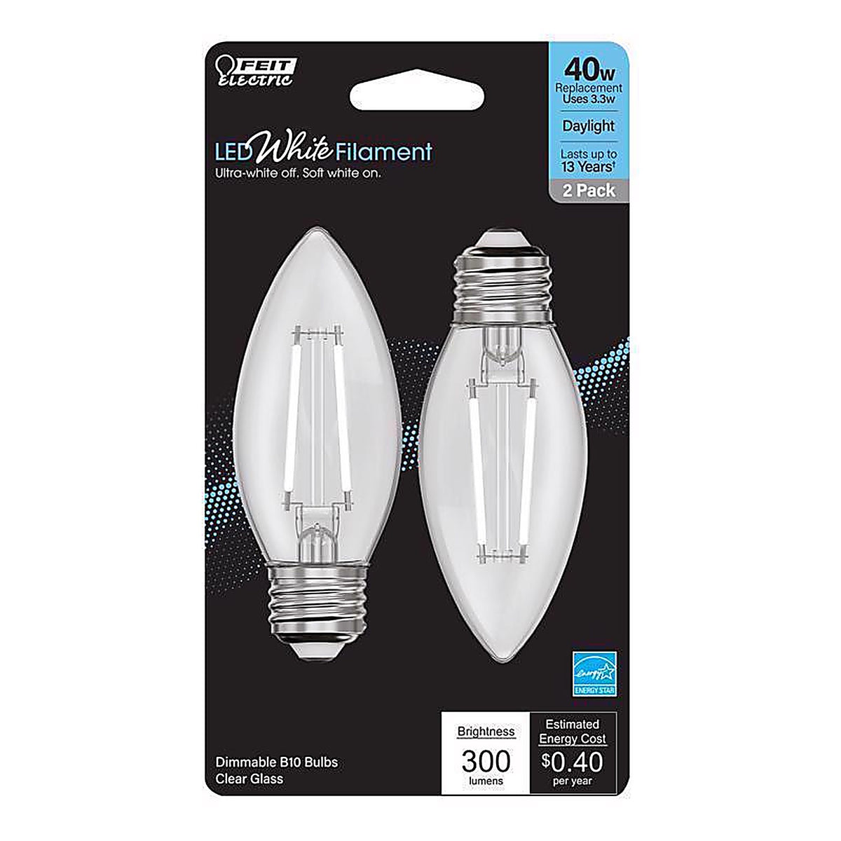 Feit - BPETC40950WFIL2 - White B10 E26 (Medium) Filament LED Bulb Daylight 40 Watt Equivalence 2 Pack