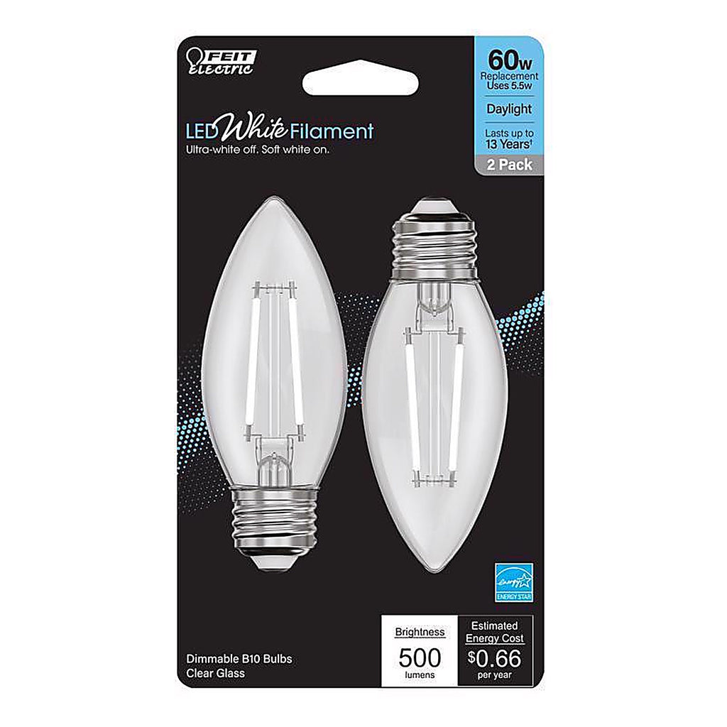 Feit - BPETC60950WFIL2 - White B10 E26 (Medium) Filament LED Bulb Daylight 60 Watt Equivalence 2 Pack
