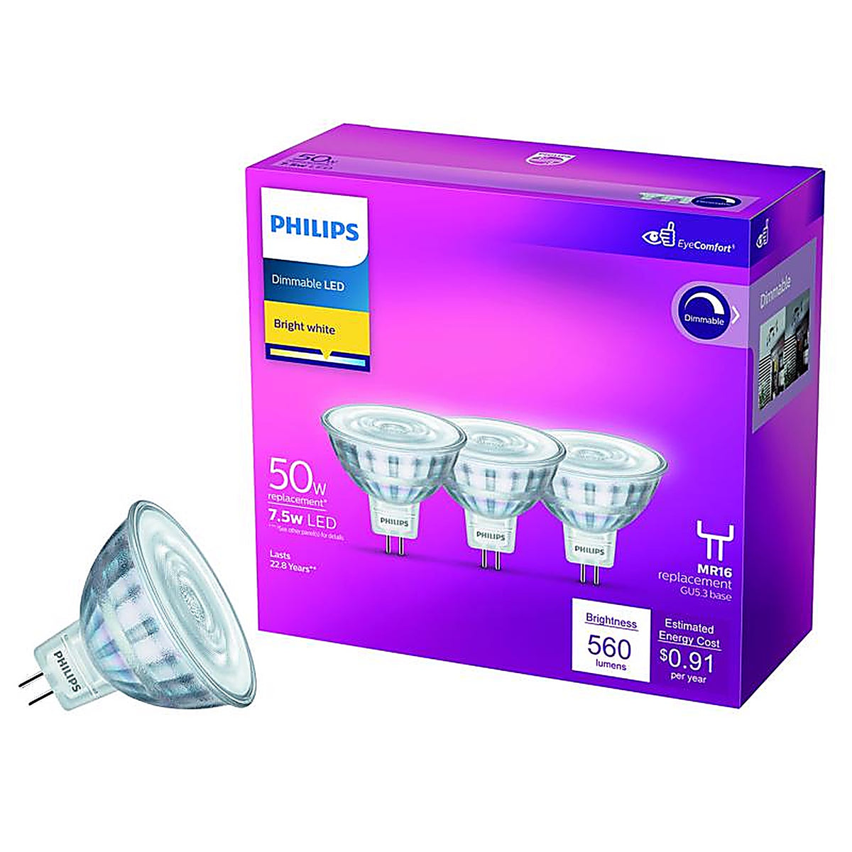 Philips - 567339 - Mr16 Gu5.3 LED Floodlight Bulb Bright White 50 Watt Equivalence 3 Pack