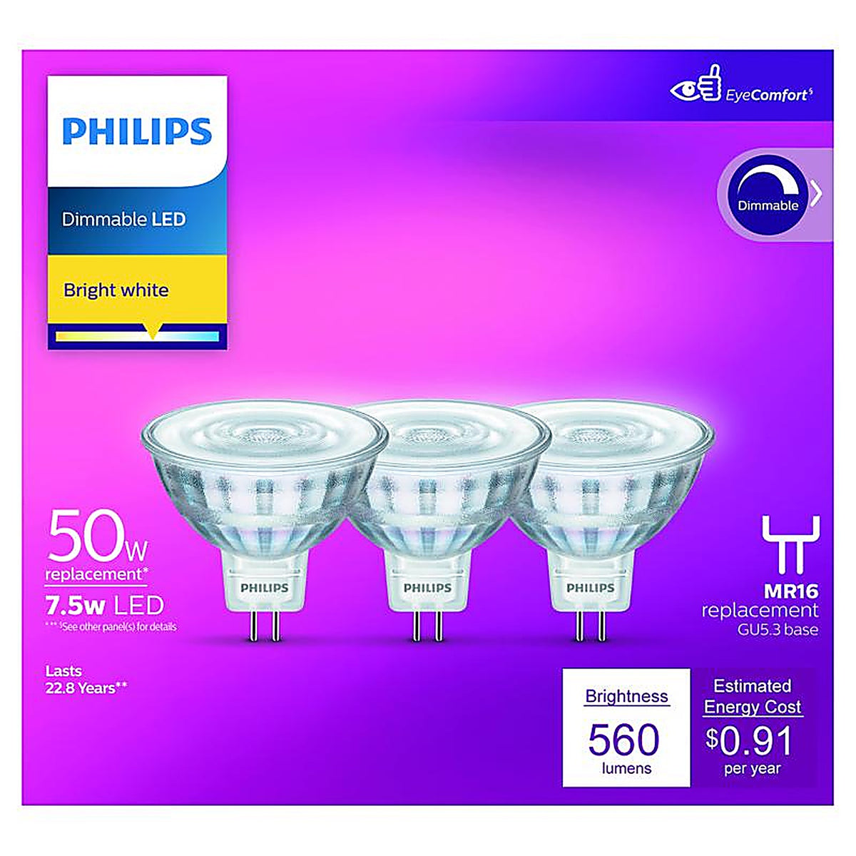 Philips - 567339 - Mr16 Gu5.3 LED Floodlight Bulb Bright White 50 Watt Equivalence 3 Pack