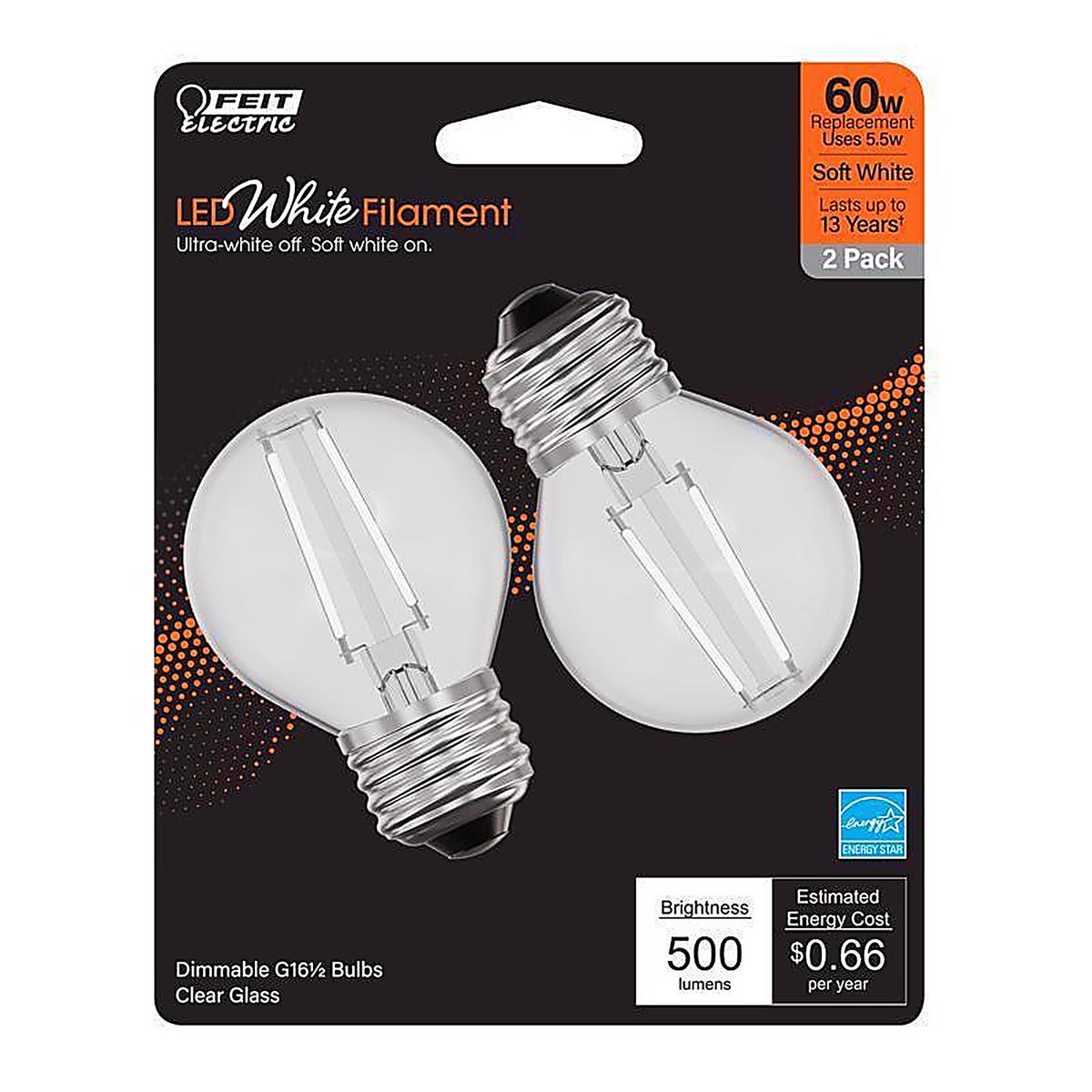 Feit - BPGM60927WFIL2 - White G16.5 E26 (Medium) Filament LED Bulb Soft White 60 Watt Equivalence 2 Pack
