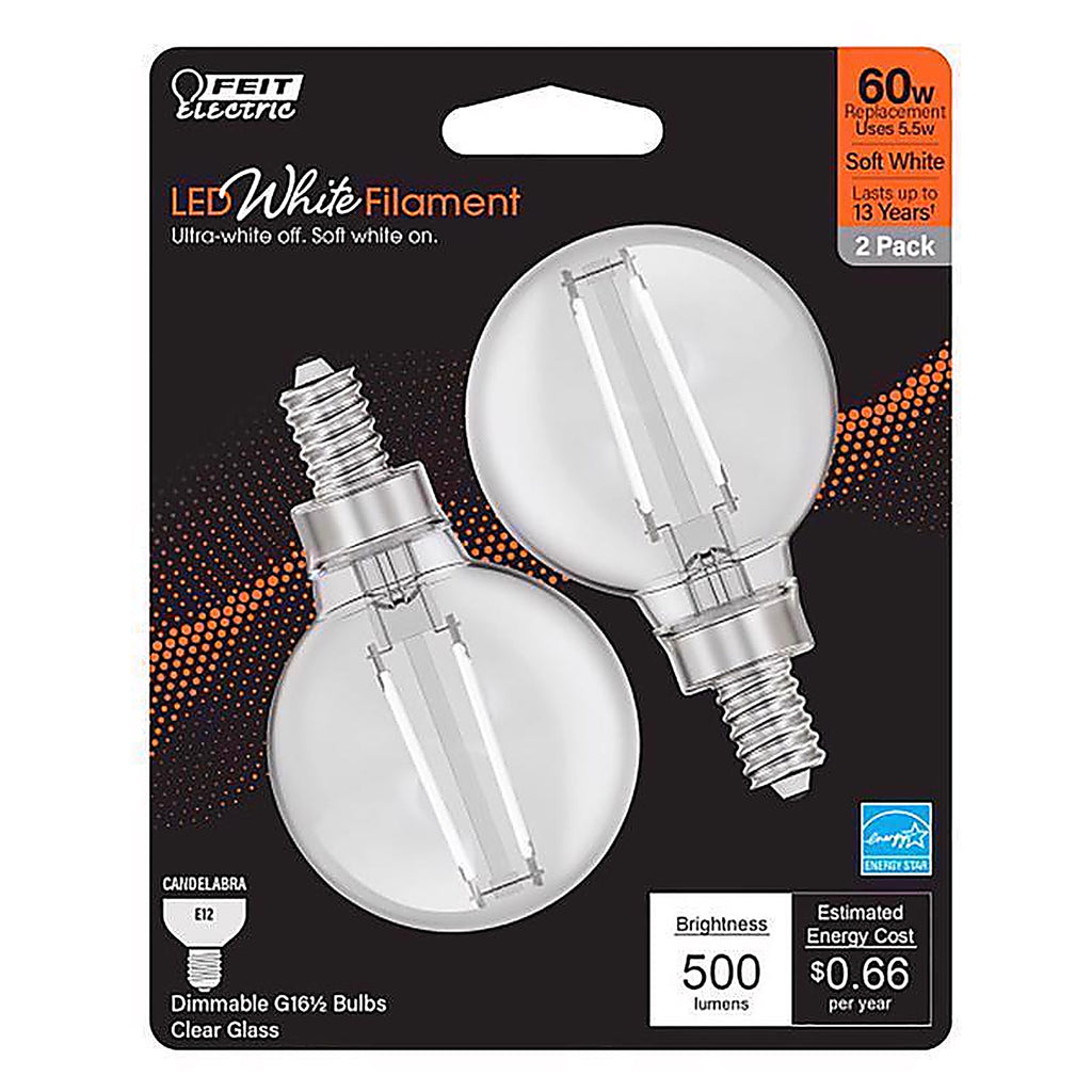 Feit - BPG1660927WFIL2 - White G16.5 E12 (Candelabra) Filament LED Bulb Soft White 60 Watt Equivalence 2 Pack