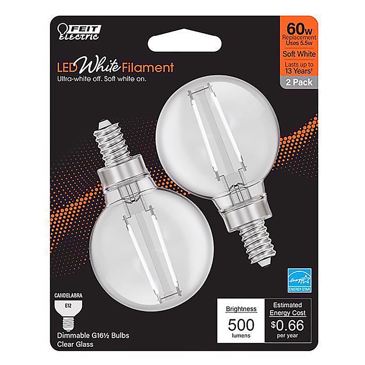Feit - BPG1660927WFIL2 - White G16.5 E12 (Candelabra) Filament LED Bulb Soft White 60 Watt Equivalence 2 Pack