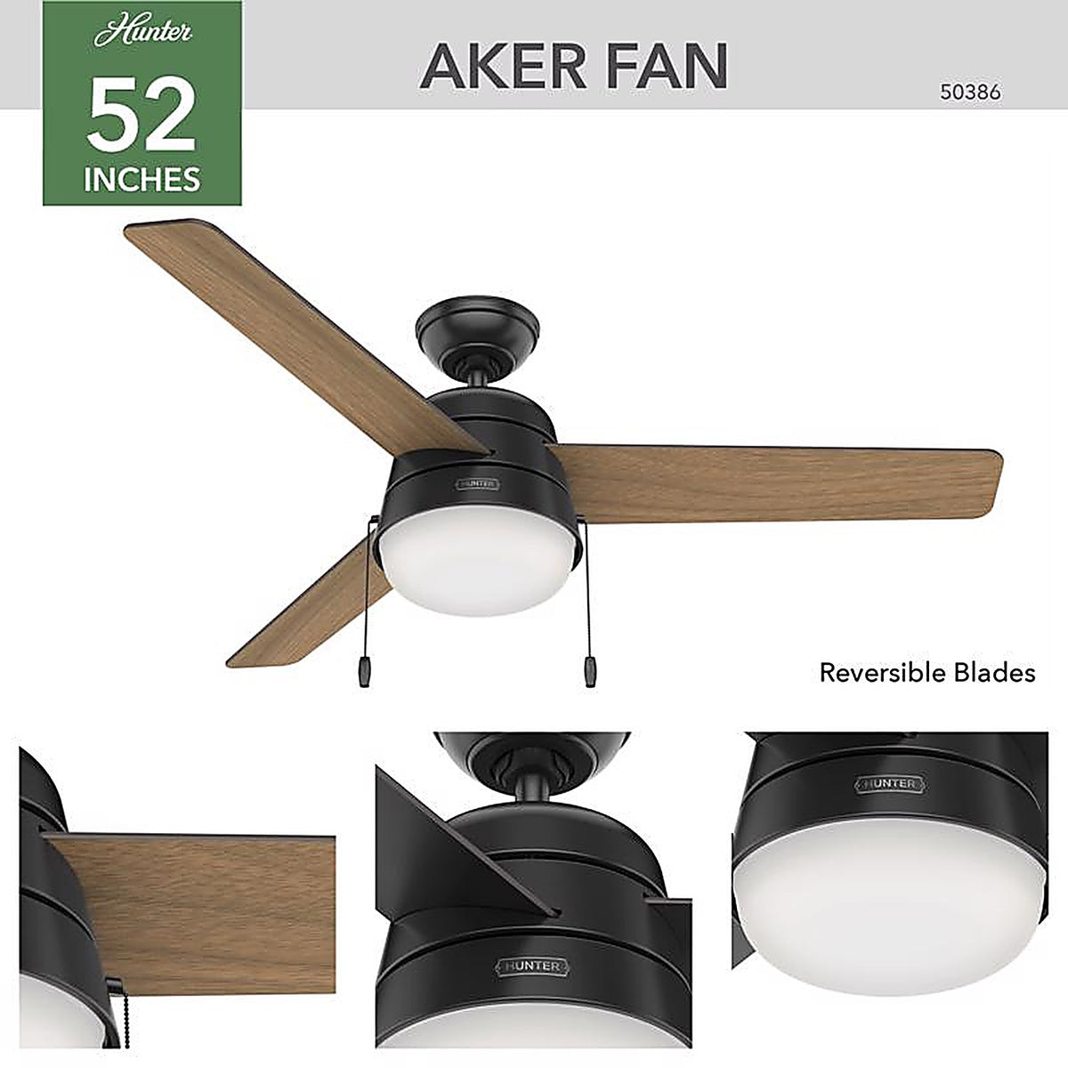 Hunter - 50386 - Aker 52 In. Matte Black LED Indoor and Outdoor Ceiling Fan