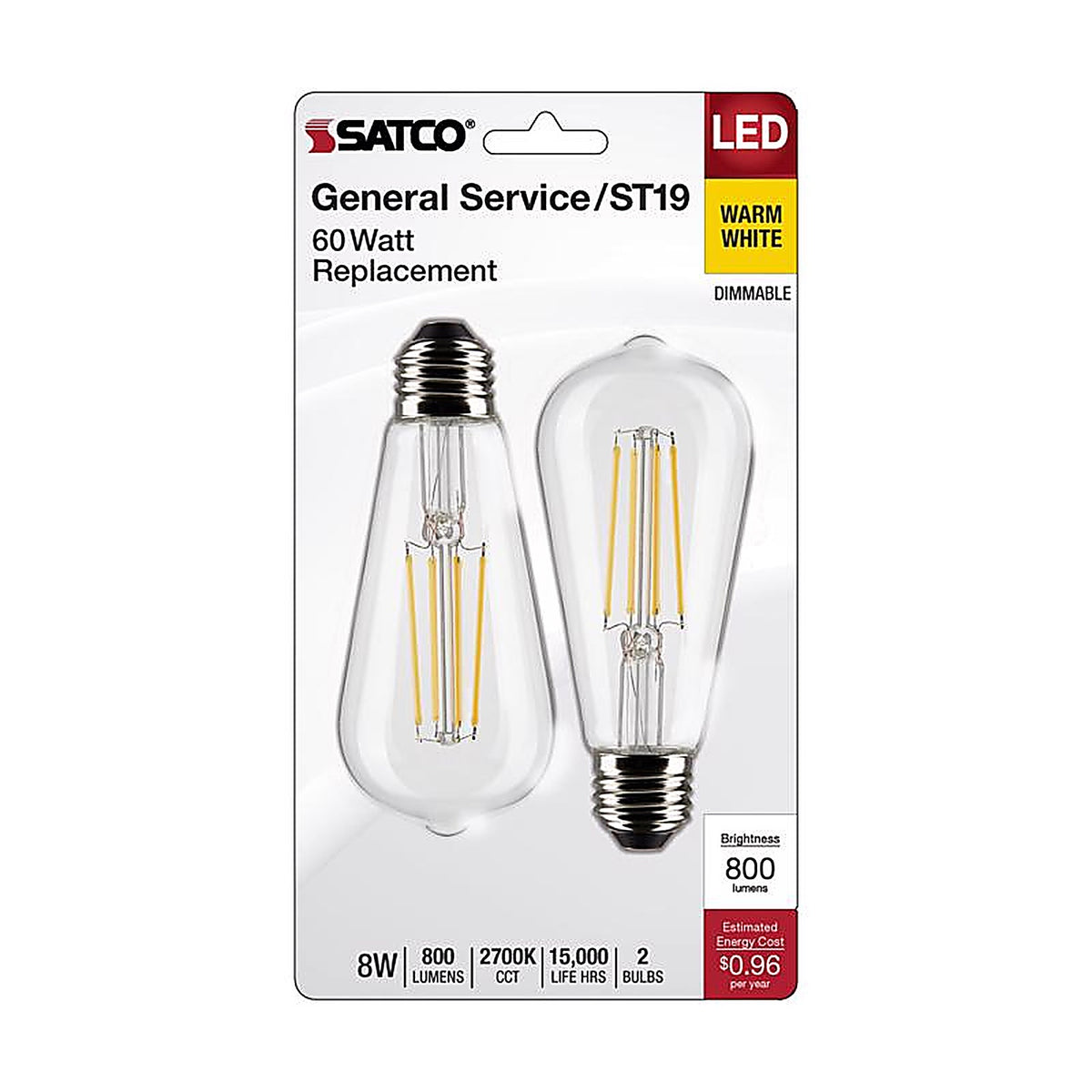 Satco - S21870 - St19 E26 (Medium) Filament LED Bulb Warm White 60 Watt Equivalence 2 Pack