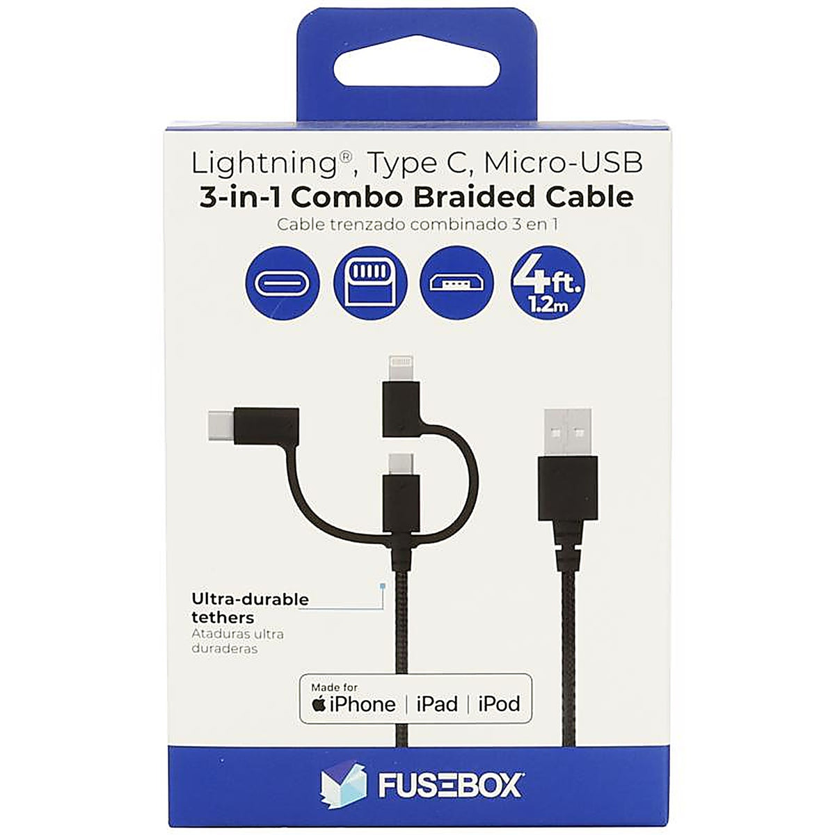 Fusebox - 131 1521 FB4 - Black Braided USB Cable for Apple Ipod, Iphone, Ipad 4 Ft. L