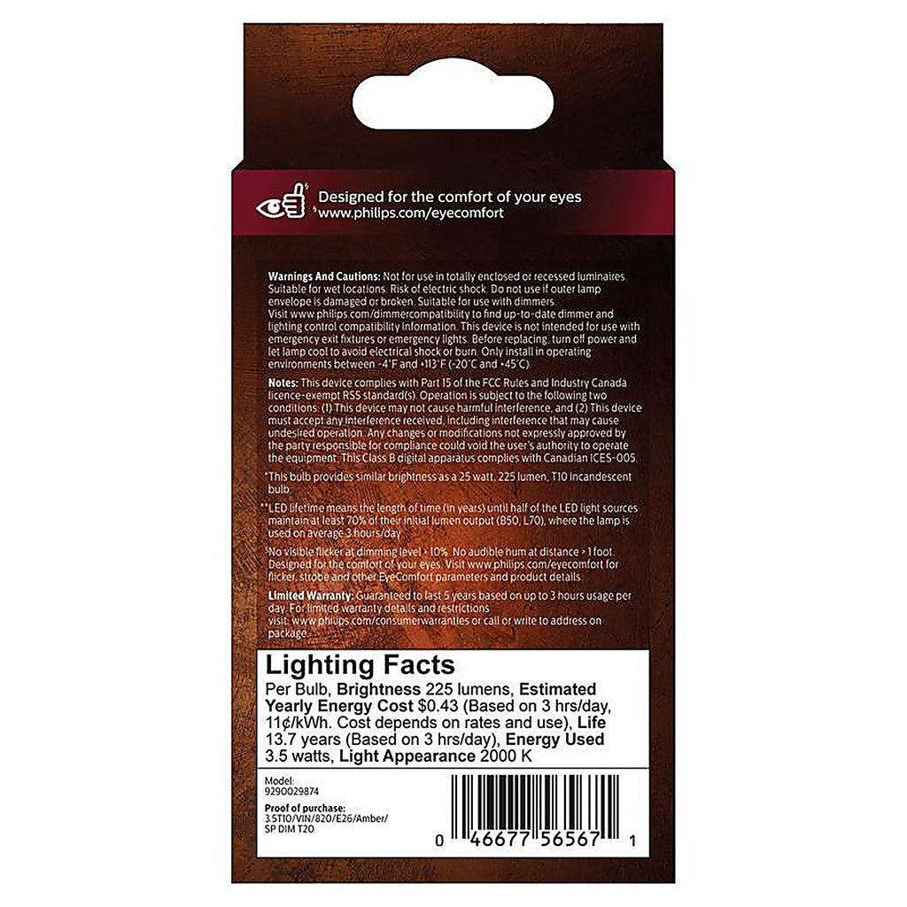 Philips - 565671 - T10 E26 (Medium) LED Bulb Amber 25 Watt Equivalence 1 Pack