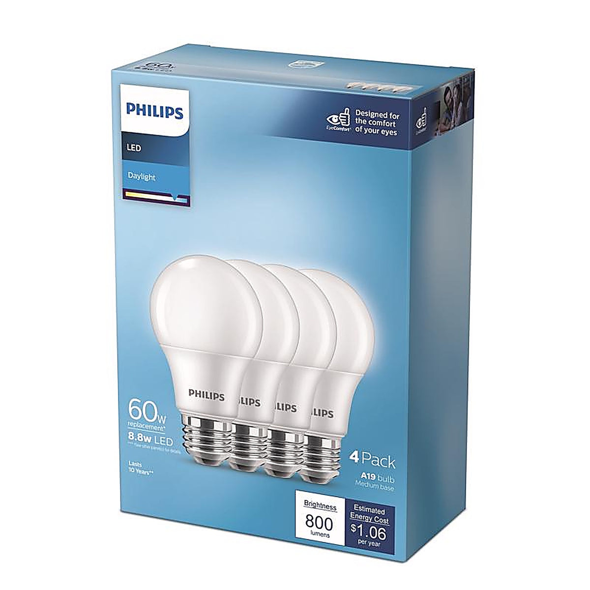 Philips - 575837 - A19 E26 (Medium) LED Bulb Daylight 60 Watt Equivalence 4 Pack