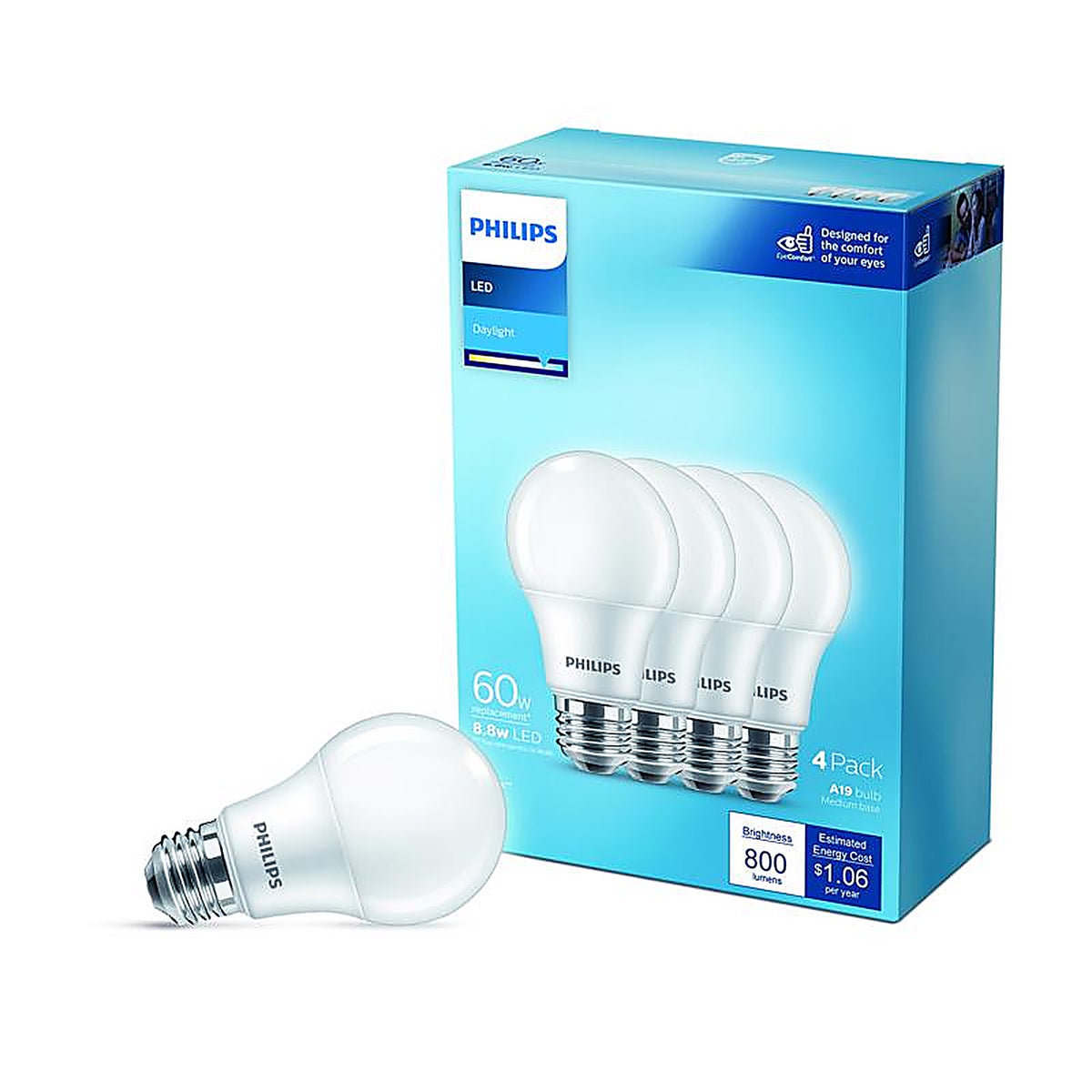 Philips - 575837 - A19 E26 (Medium) LED Bulb Daylight 60 Watt Equivalence 4 Pack