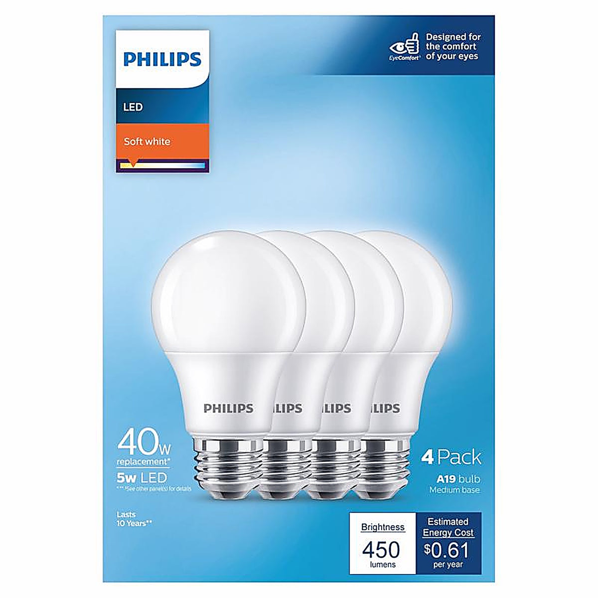 Philips - 575829 - A19 E26 (Medium) LED Bulb Soft White 40 Watt Equivalence 4 Pack