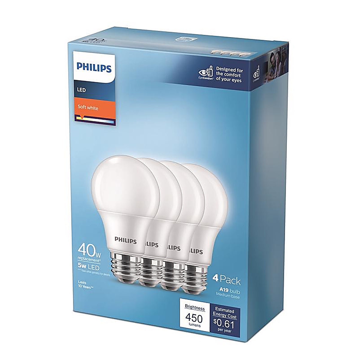 Philips - 575829 - A19 E26 (Medium) LED Bulb Soft White 40 Watt Equivalence 4 Pack