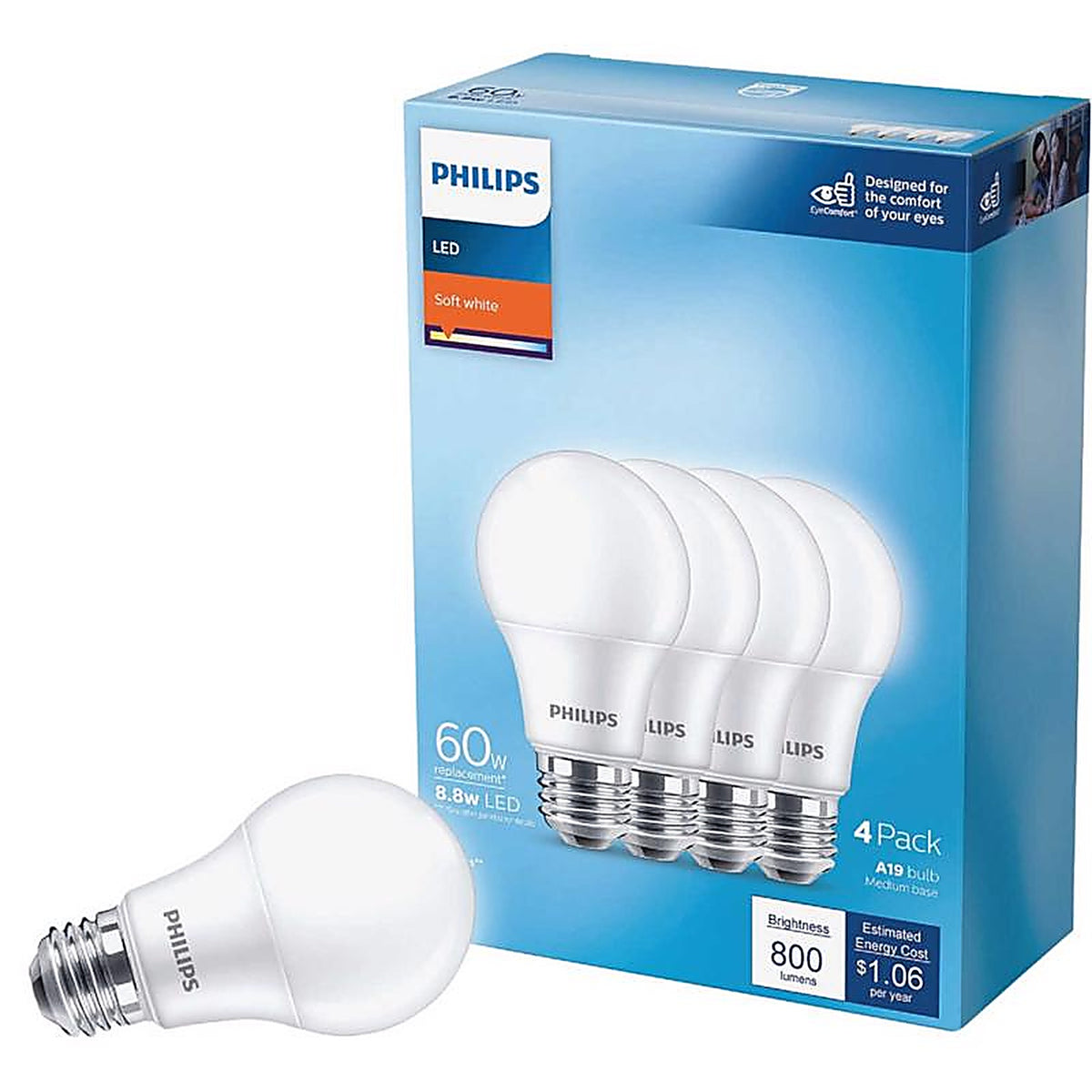 Philips - 575845 - A19 E26 (Medium) LED Bulb Soft White 60 Watt Equivalence 4 Pack