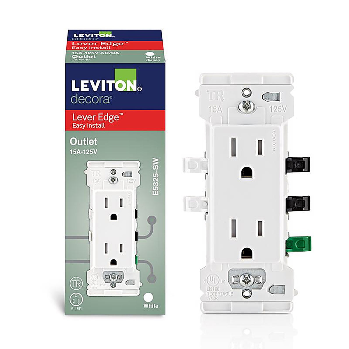Leviton - E5325-0SW - Lever Edge 15 Amps 125 V White Tamper Resistant Outlet 5-15R 1 Pack