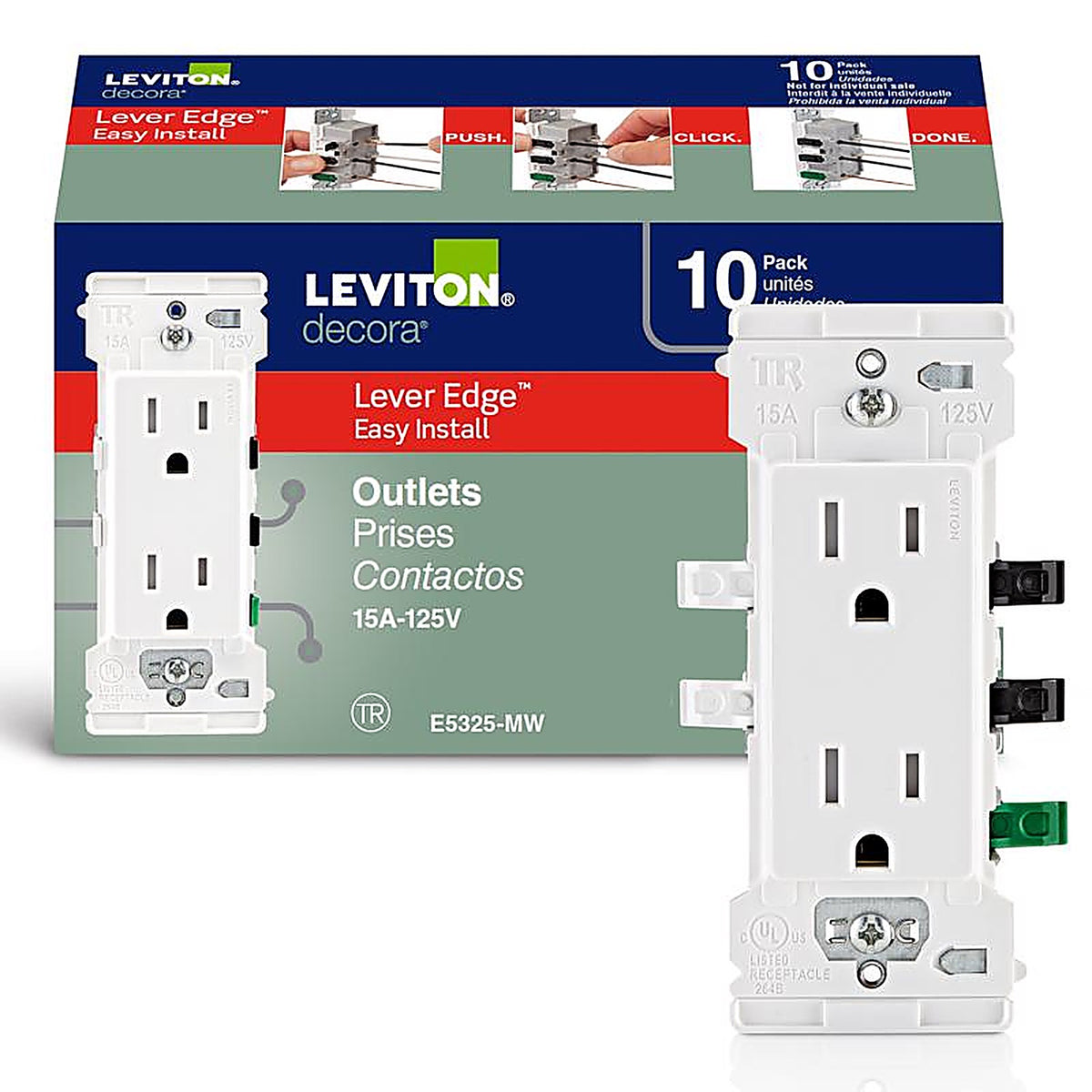 Leviton - E5325-0MW - Lever Edge 15 Amps 125 V Duplex White Tamper Resistant Outlet 5-15R 10 Pack