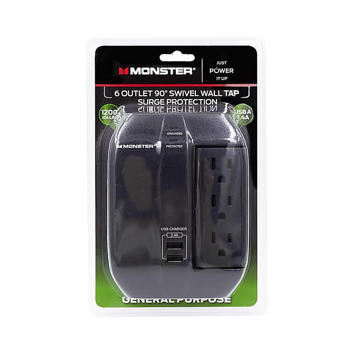 Monster - 1607 - Just Power It Up 0 Ft. L 6 Outlets Wall Tap Surge Protector w/USB Black 1200 J