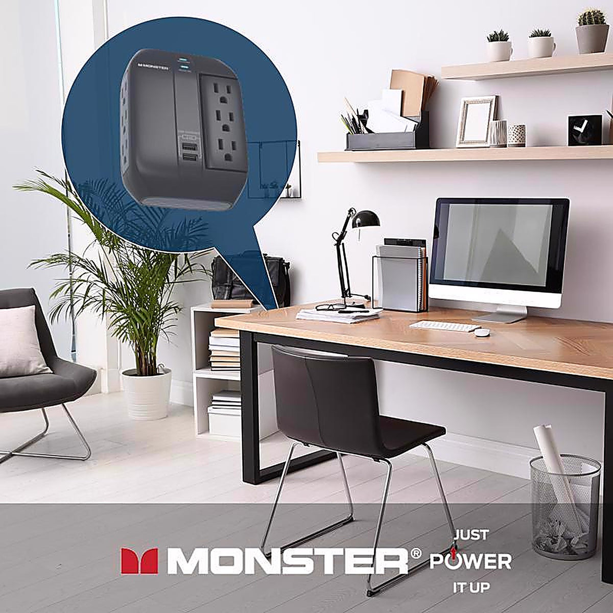 Monster - 1607 - Just Power It Up 0 Ft. L 6 Outlets Wall Tap Surge Protector w/USB Black 1200 J