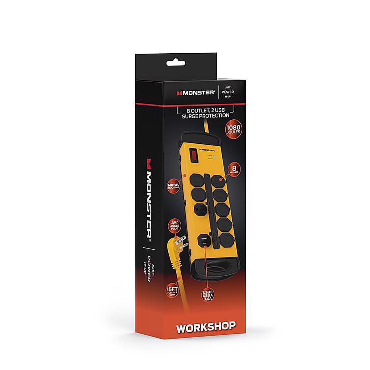 Monster - 1816 - Just Power It Up 15 Ft. L 8 Outlets Surge Protector w/USB Yellow 1080 J
