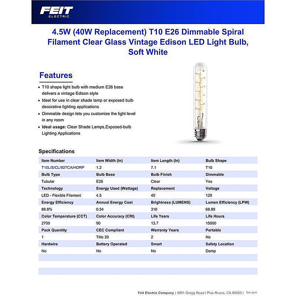 Feit - T10L/S/CL/927CA - T10 E26 (Medium) Filament LED Bulb Soft White 40 Watt Equivalence 1 Pack