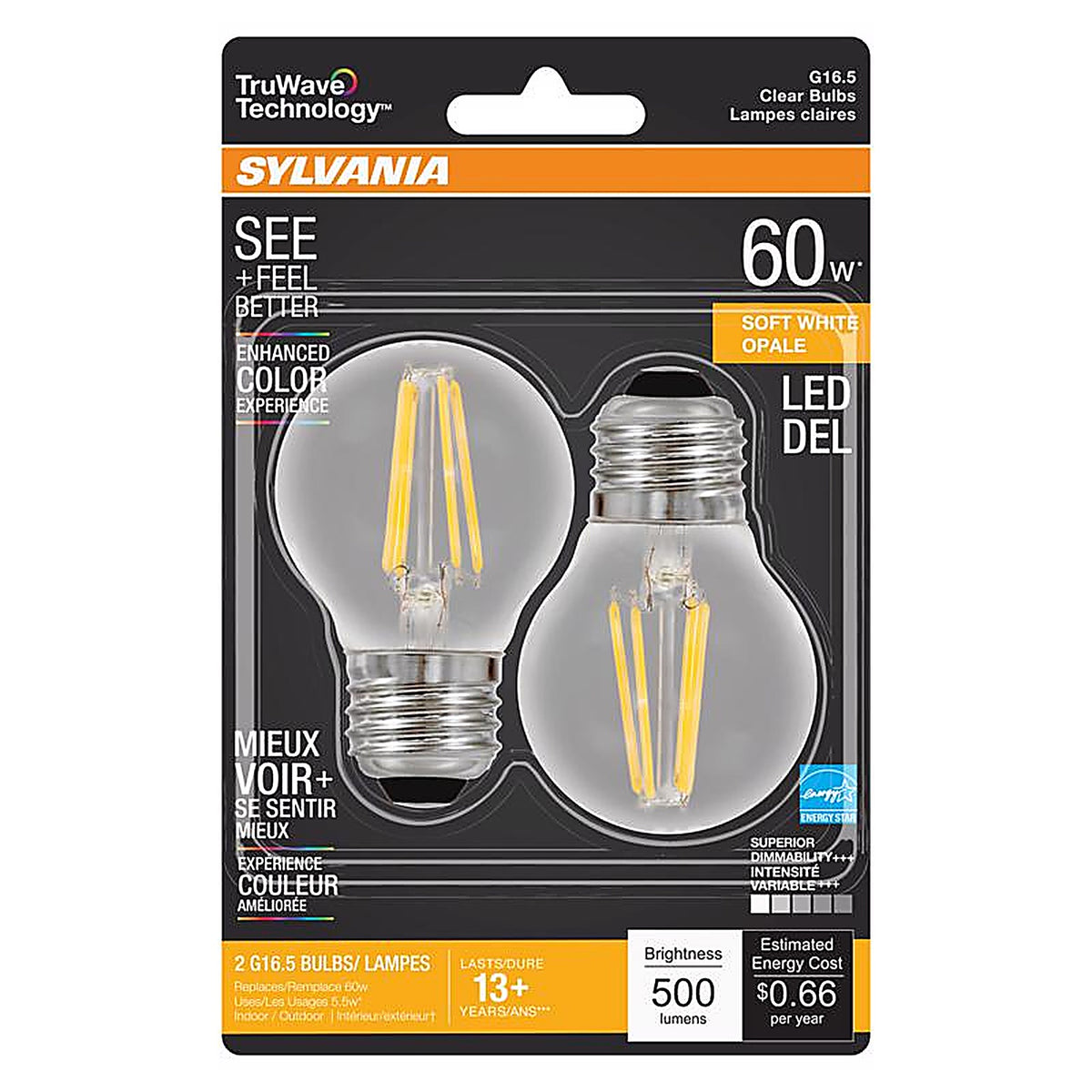 Sylvania - 40850 - Truwave G16.5 E26 (Medium) LED Bulb Soft White 60 Watt Equivalence 2 Pack
