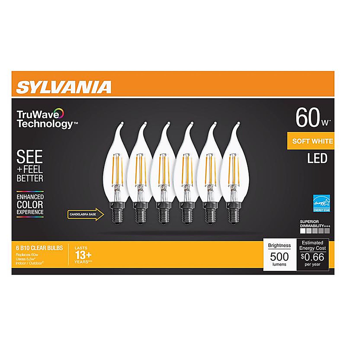 Sylvania - 40773 - Truwave B10 E11 LED Bulb Soft White 60 Watt Equivalence 6 Pack