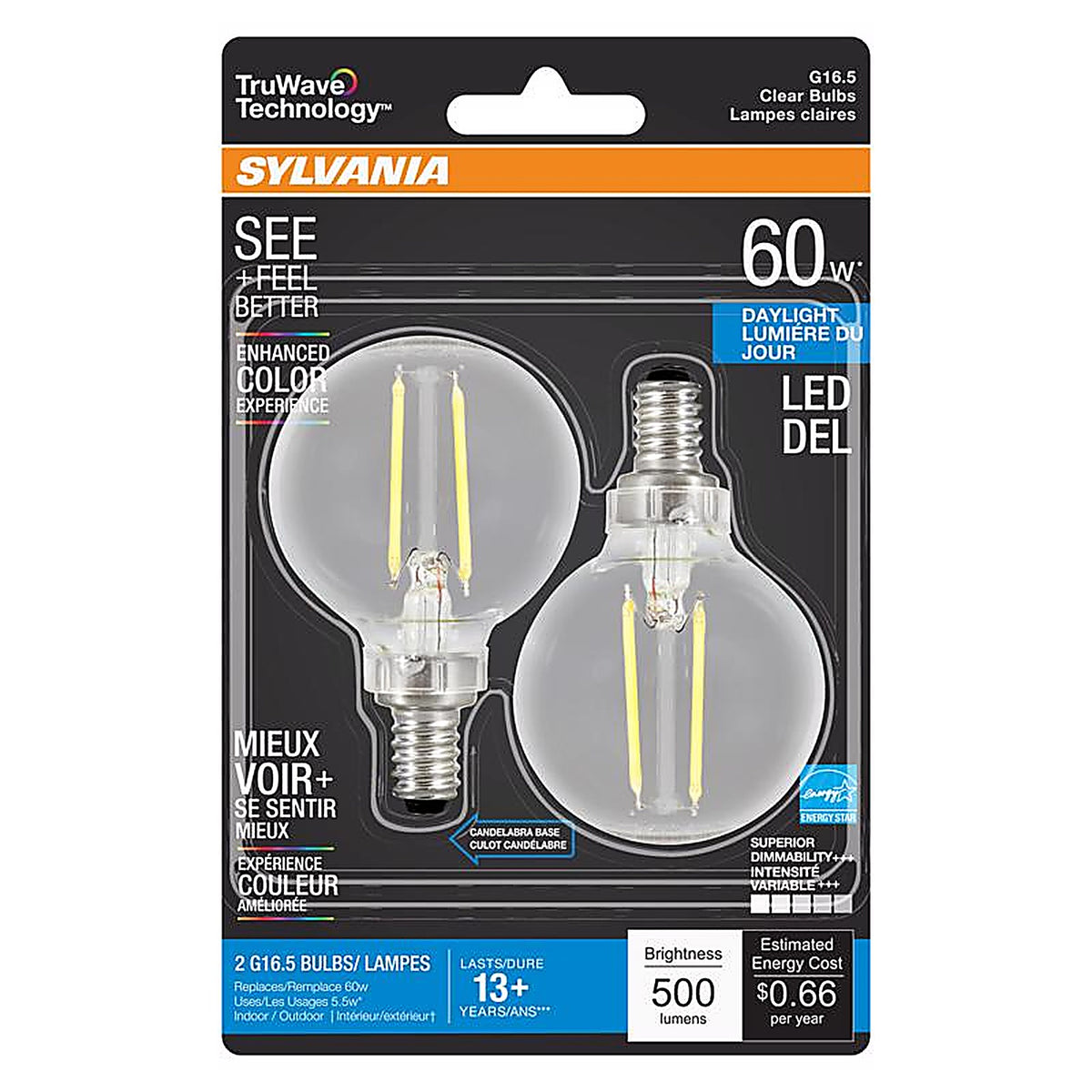 Sylvania - 40853 - Truwave G16.5 E12 (Candelabra) LED Bulb Daylight 60 Watt Equivalence 2 Pack