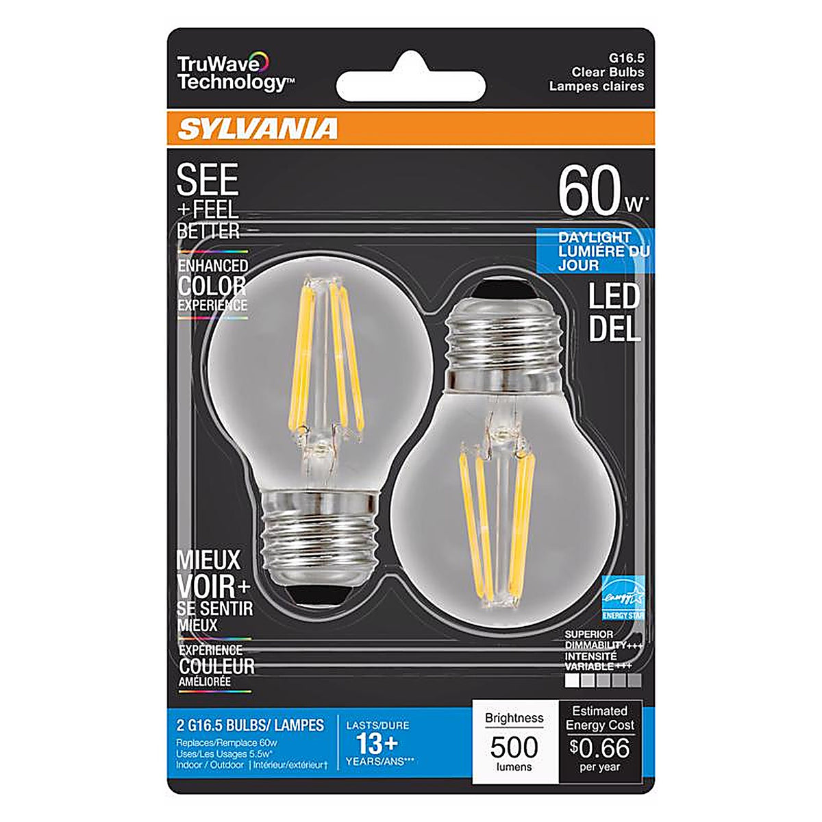 Sylvania - 40851 - Truwave G16.5 E26 (Medium) LED Bulb Daylight 60 Watt Equivalence 2 Pack