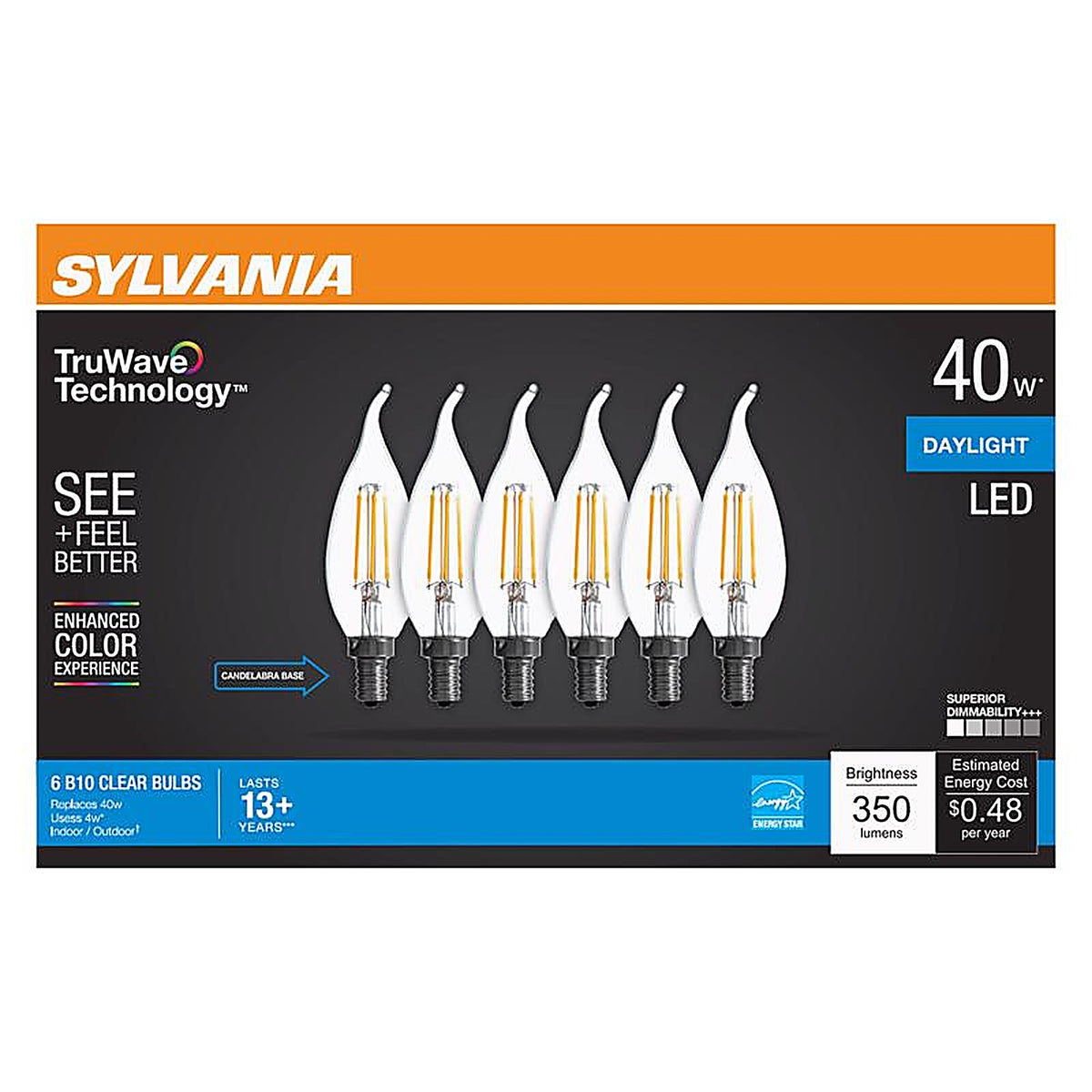 Sylvania - 41320 - Truwave B10 E12 (Candelabra) LED Bulb Daylight 40 Watt Equivalence 6 Pack