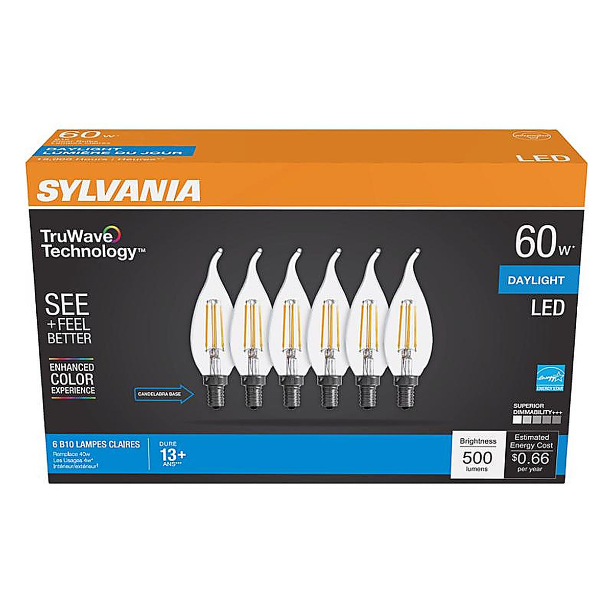 Sylvania - 41322 - Truwave B10 E12 (Candelabra) LED Bulb Daylight 60 Watt Equivalence 6 Pack