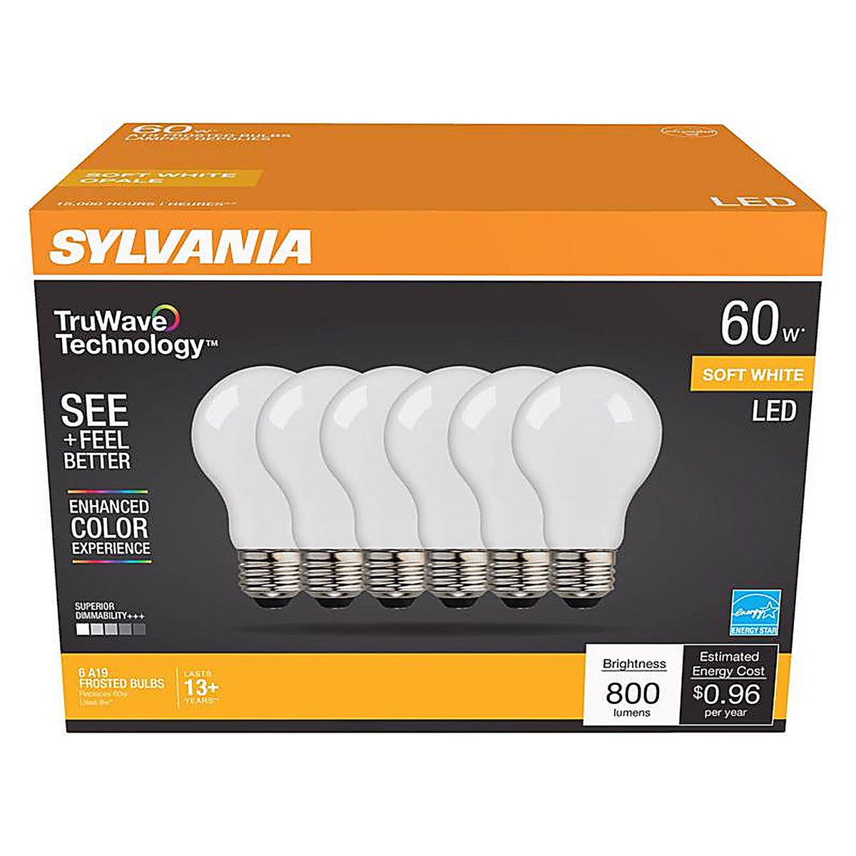Sylvania - 40748 - Truwave A19 E26 (Medium) LED Bulb Warm White 60 Watt Equivalence 6 Pack