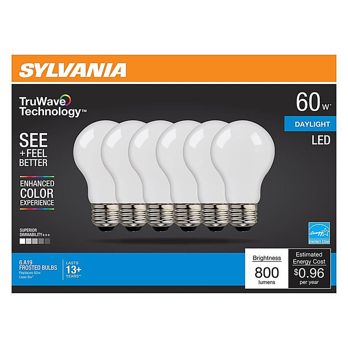 Sylvania - 49824 - Truwave A19 E26 (Medium) LED Bulb Daylight 60 Watt Equivalence 6 Pack