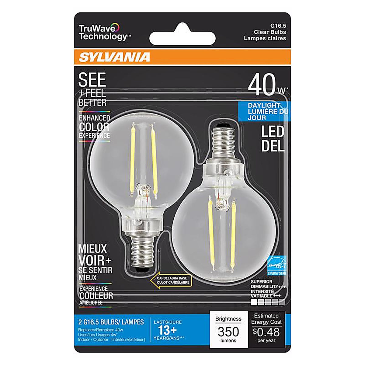 Sylvania - 40849 - Truwave G16.5 E12 (Candelabra) LED Bulb Daylight 40 Watt Equivalence 2 Pack