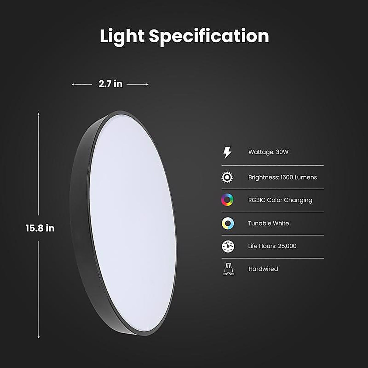 Feit - FM15/RGBW/DIMAG - Smart 15 In. H X 15 In. W X 5.5 In. L Matte Black White Smart-Enabled Ceiling Fixture
