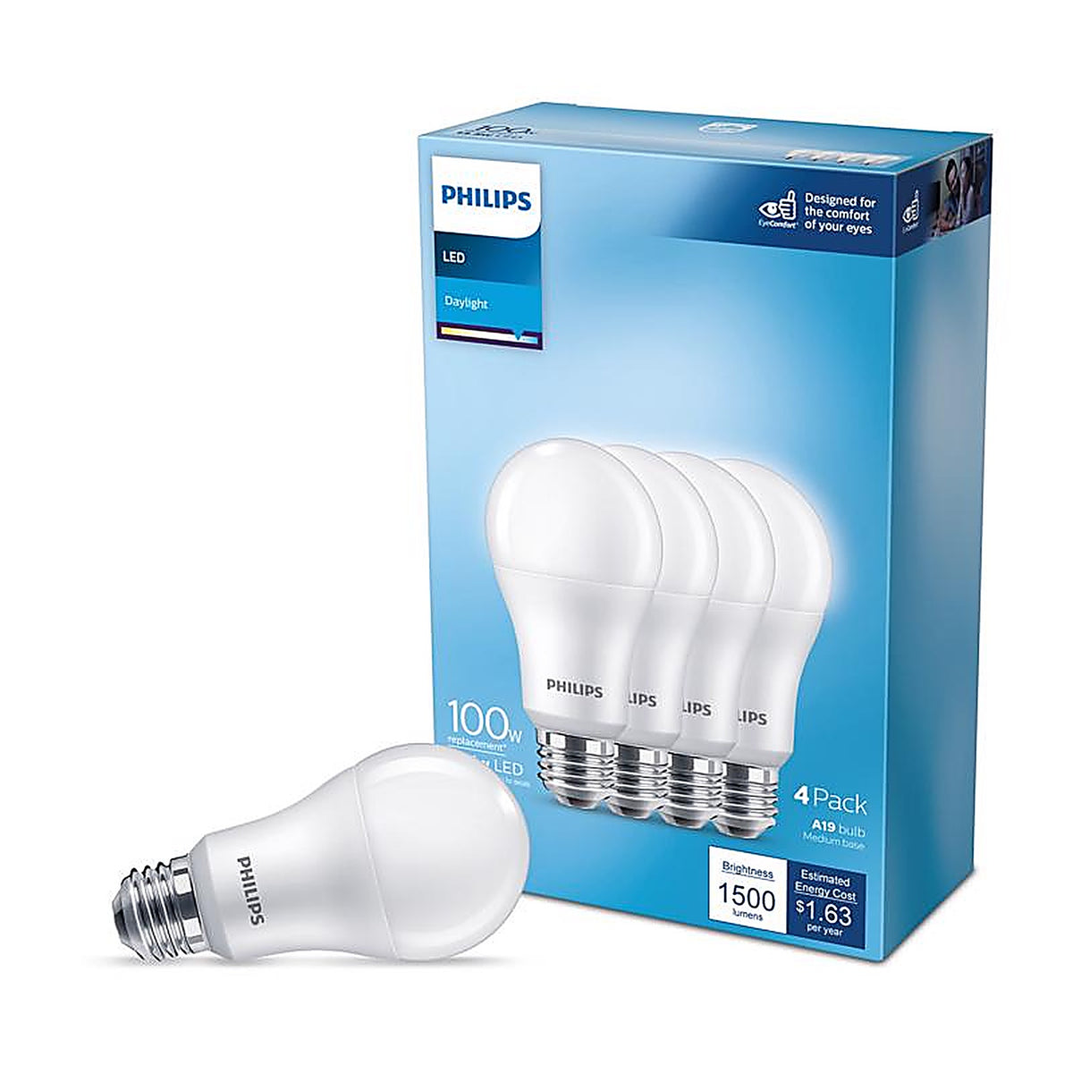 Philips - 565416 - A19 E26 (Medium) LED Bulb Daylight 100 Watt Equivalence 4 Pack