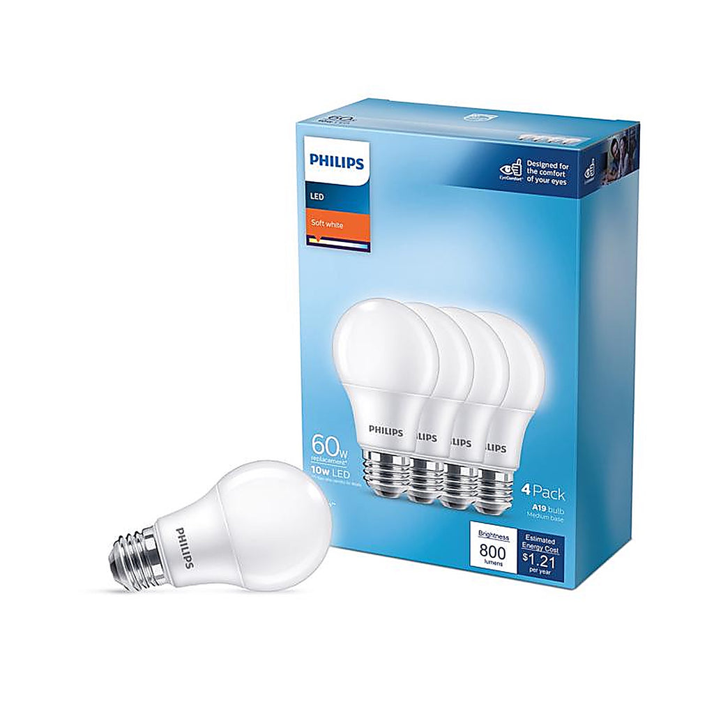 Philips - 565457 - A19 E26 (Medium) LED Bulb Soft White 60 Watt Equivalence 4 Pack