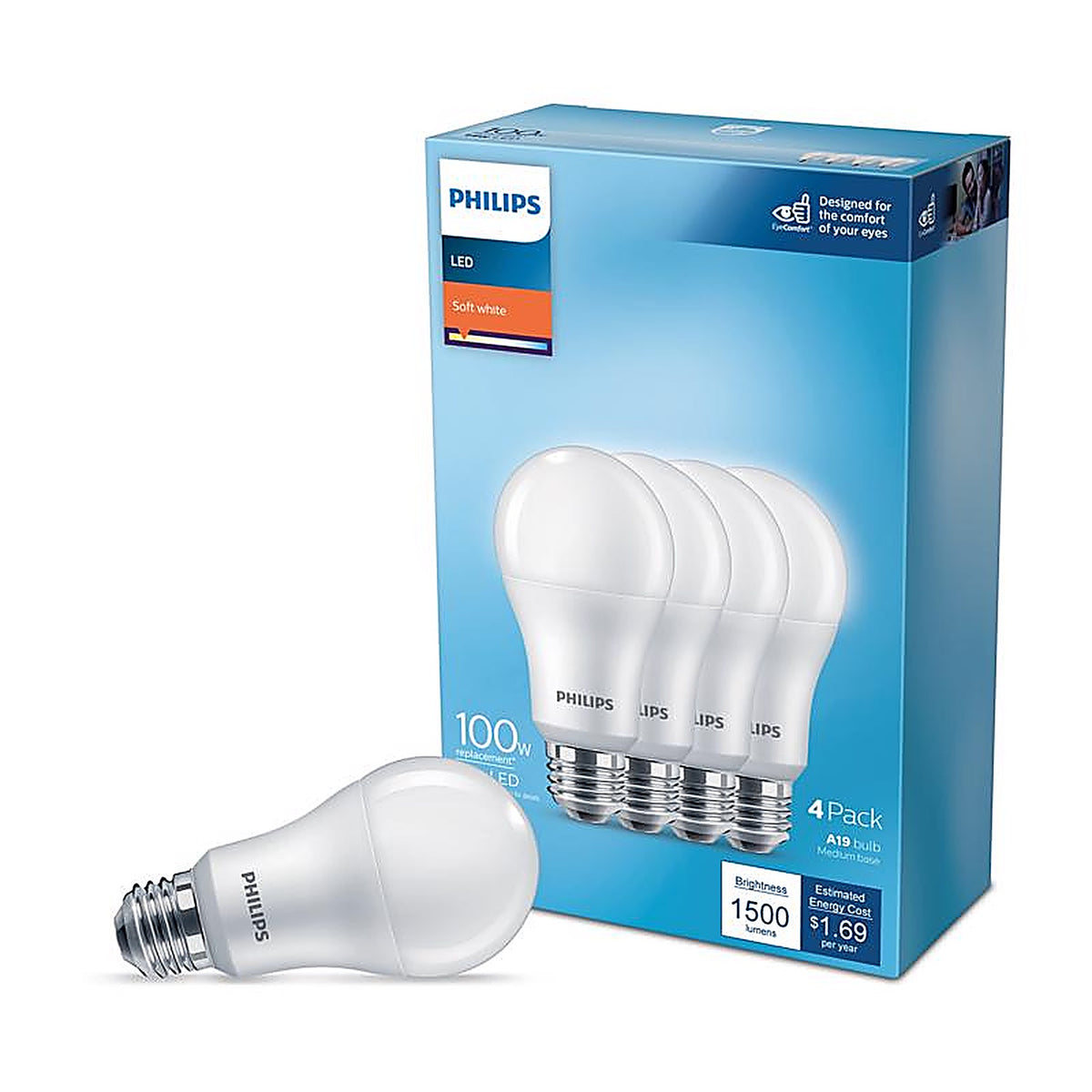 Philips - 565408 - A19 E26 (Medium) LED Bulb Soft White 100 Watt Equivalence 4 Pack